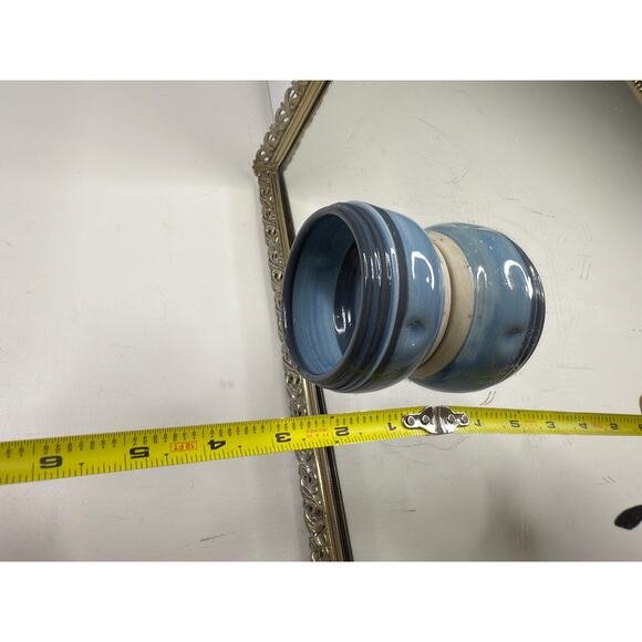 Signed Blue Miniture Pottery Trinket Bowl, Small Blue Pottery Vase - Picture 7 of 8